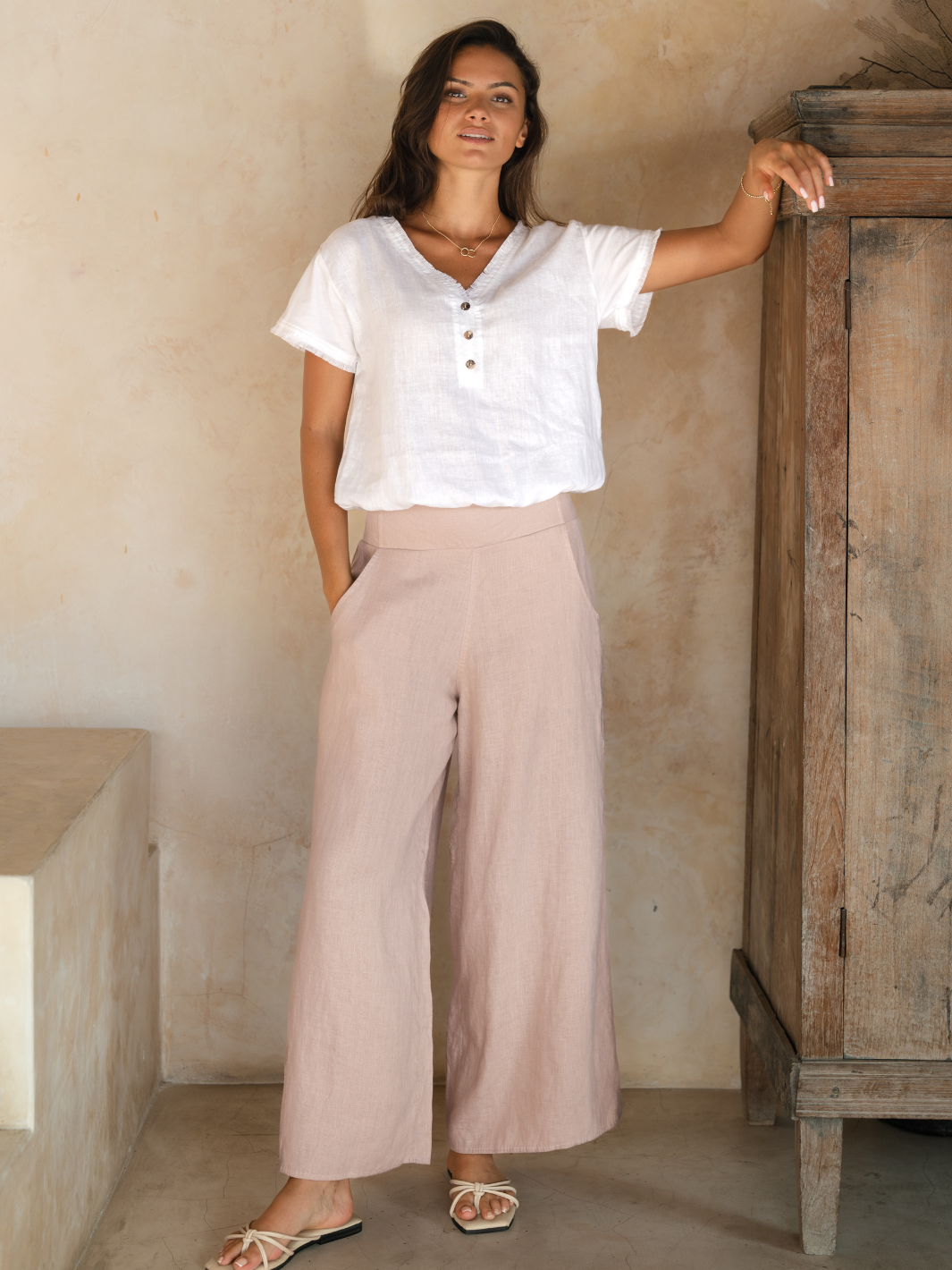 Pantalón Portillo de Lino Francés Rosa Té - BELLAVERA