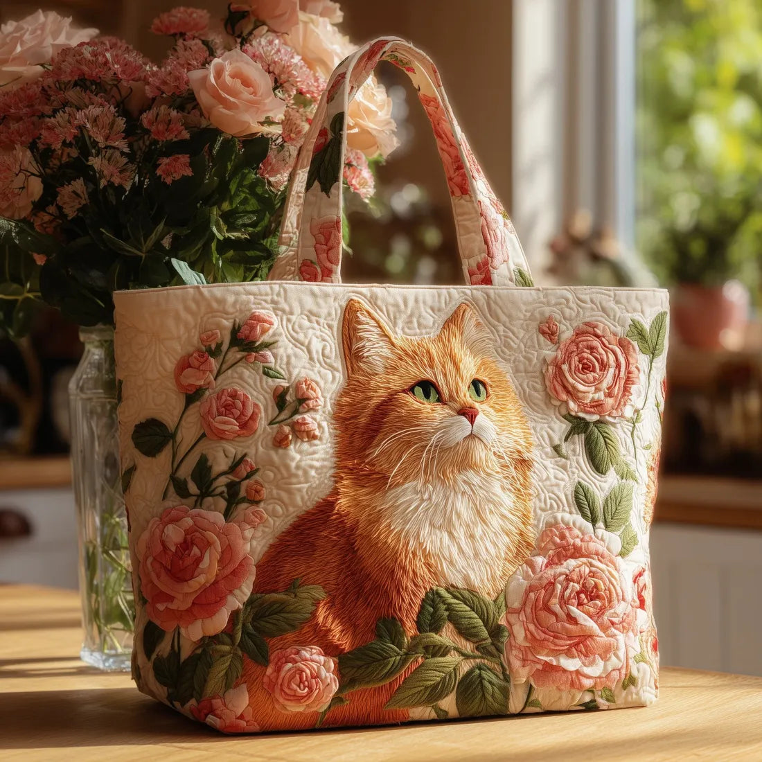 Bolso Artesanal gato rojo y rosas – Idea de Regalo
