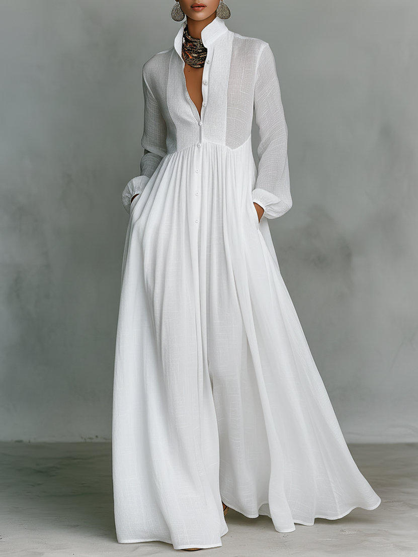 Zoé | Vestido Maxi Patchwork de Algodón y Lino, Cuello Alto