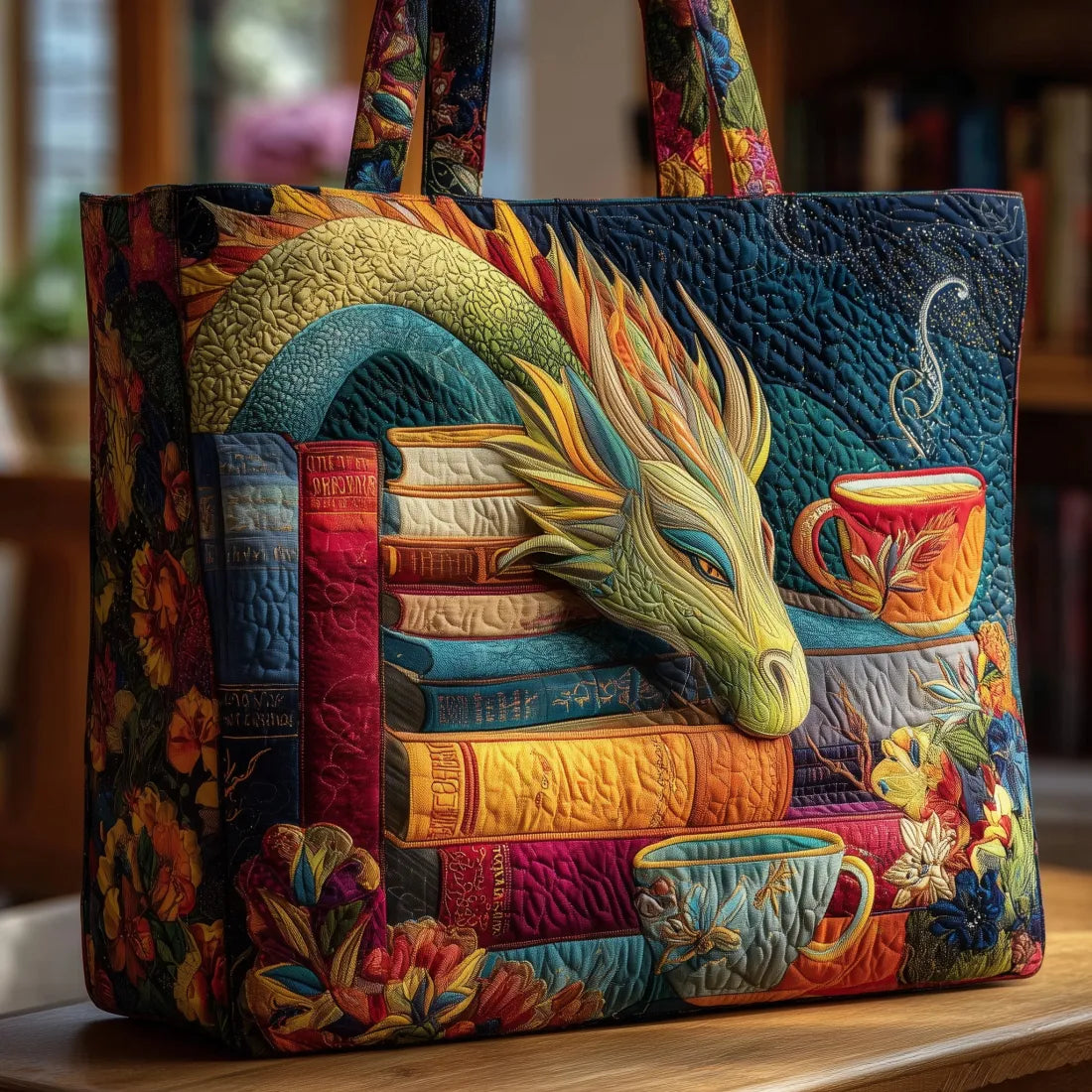 Bolso de Mujer dragón, libros y tazas – Amplio y Original