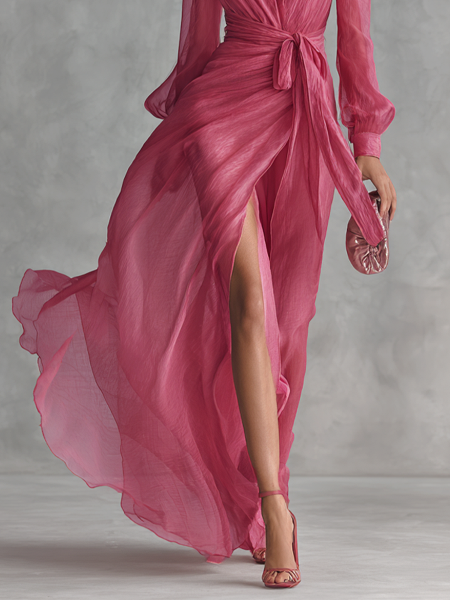 Maylis | Vestido Maxi de Gasa Rosa, Cuello en V