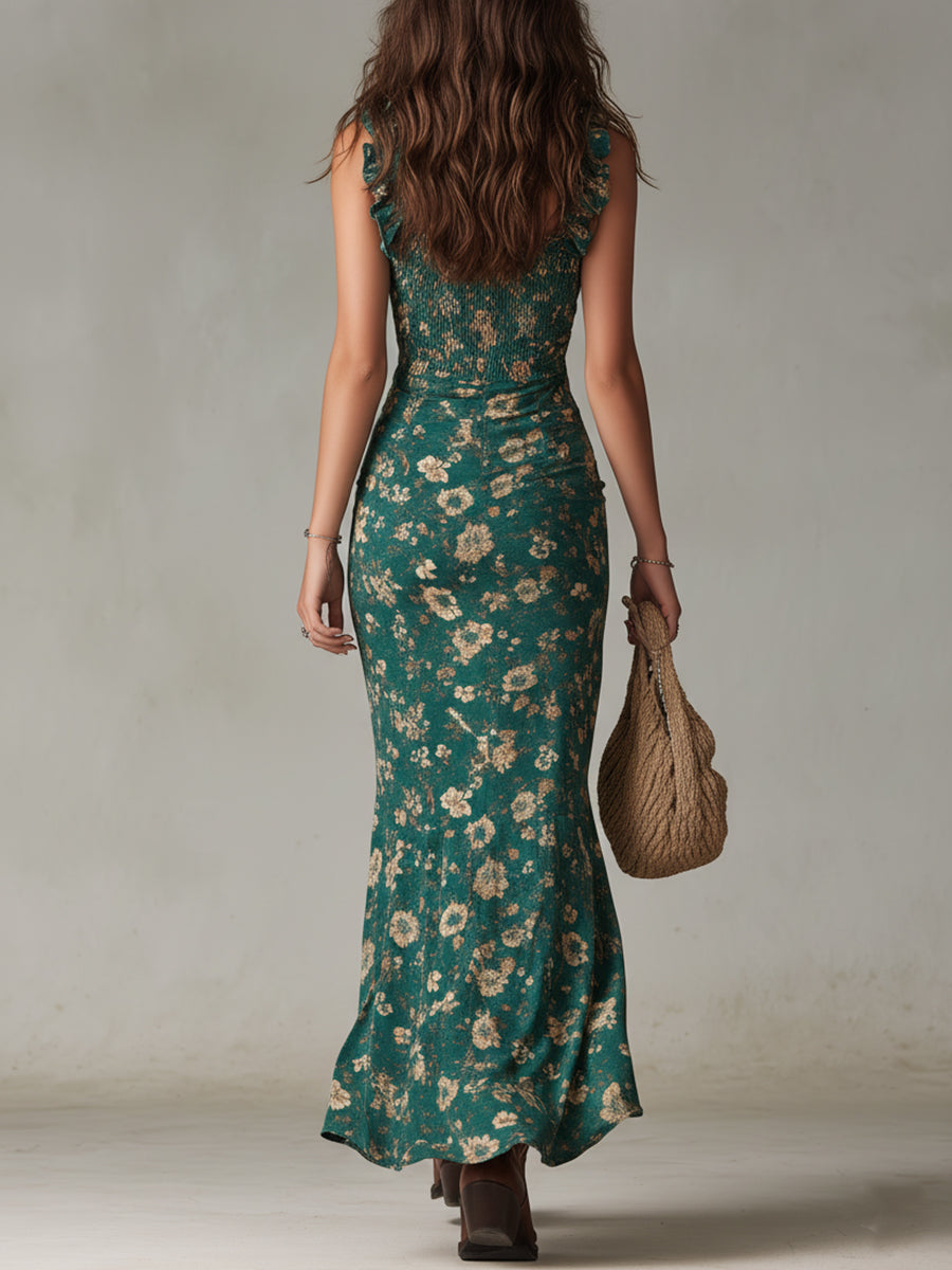 Vestido Largo Bohemio Retro en Tejido Fluido con Mangas Abullonadas y Abertura Elegante