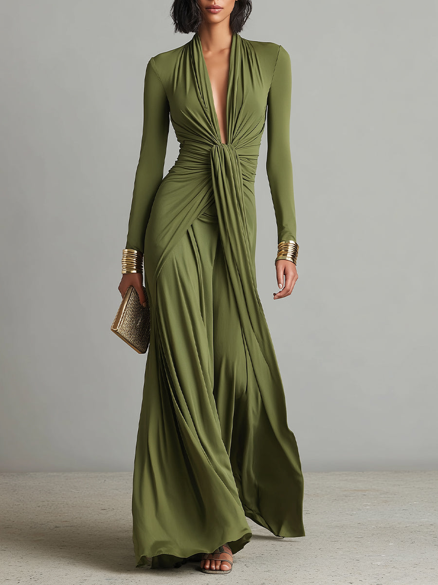 Solène | Vestido Maxi de Seda Verde Oliva, Escote en V Profundo