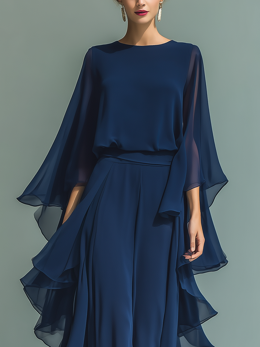 Clarisse | Conjunto de Gasa Azul Marino, Manga Acampanada y Pantalón con Volantes