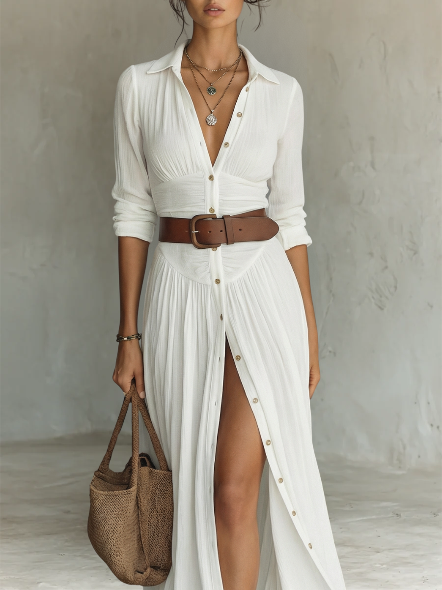 Ivette | Vestido Maxi de Lino Blanco Plisado