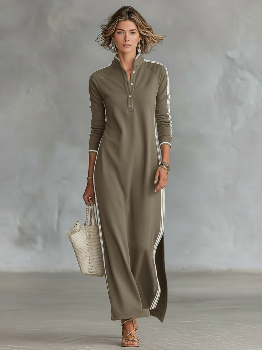 Laure | Vestido Maxi de Felpa, Cuello con Botones y Bajo Blanco