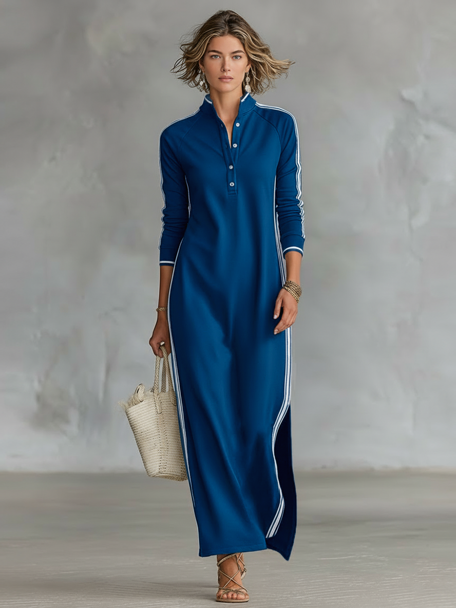 Laure | Vestido Maxi de Felpa, Cuello con Botones y Bajo Blanco