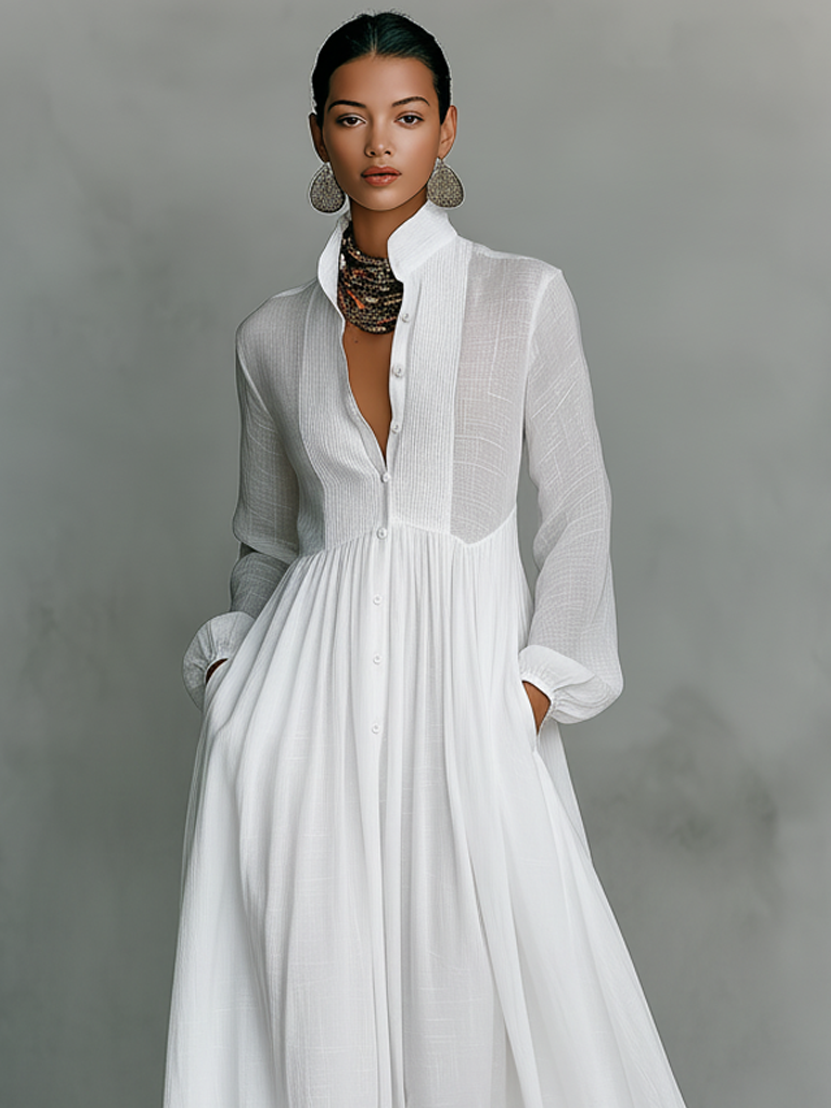 Zoé | Vestido Maxi Patchwork de Algodón y Lino, Cuello Alto