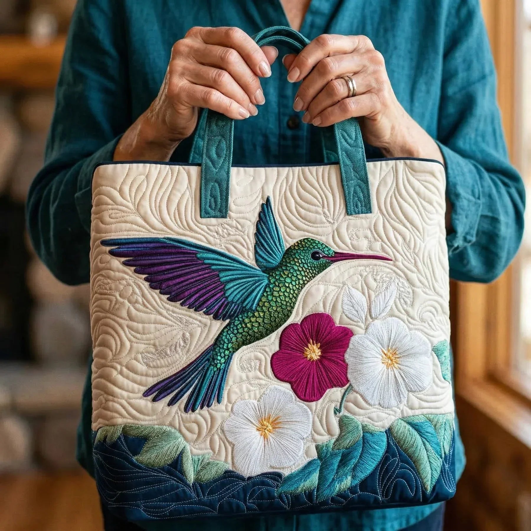 Bolso Floral Acolchado colibrí y flor blanca – Dos Tamaños