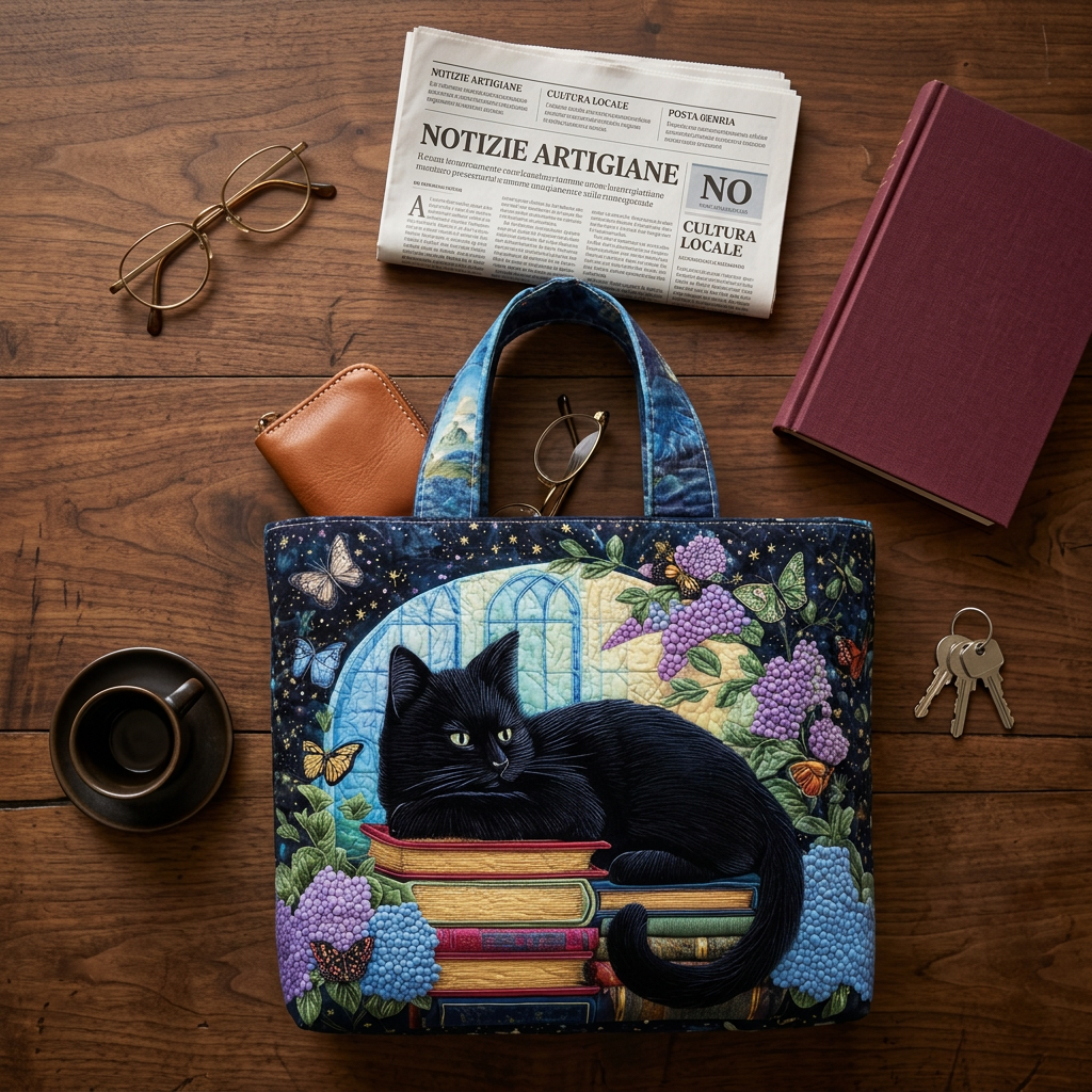 Bolso Artesanal gato negro sobre libros – Idea de Regalo
