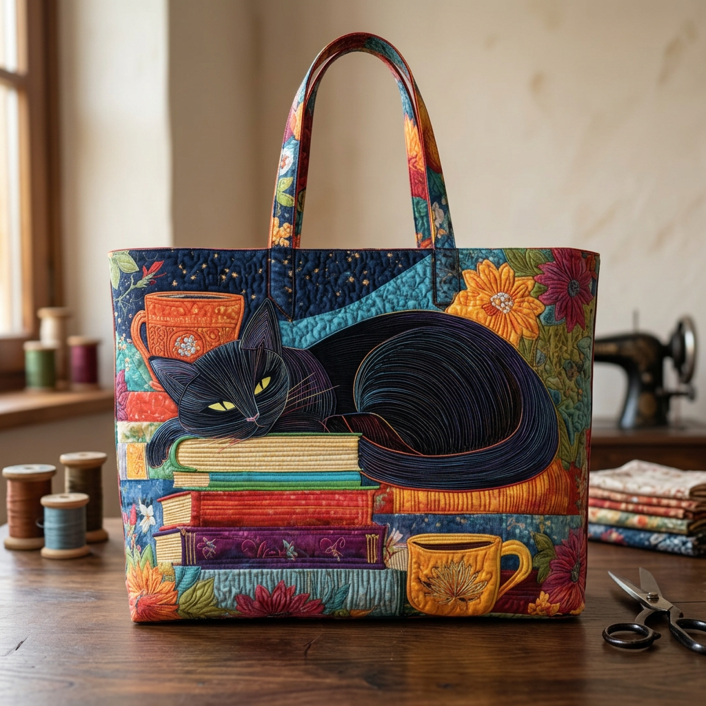 Bolso de Mujer con gato negro, libros y tazas – Dos Tamaños
