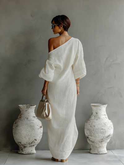 Isaure | Vestido Fluido de Lino, Hombros al Descubierto