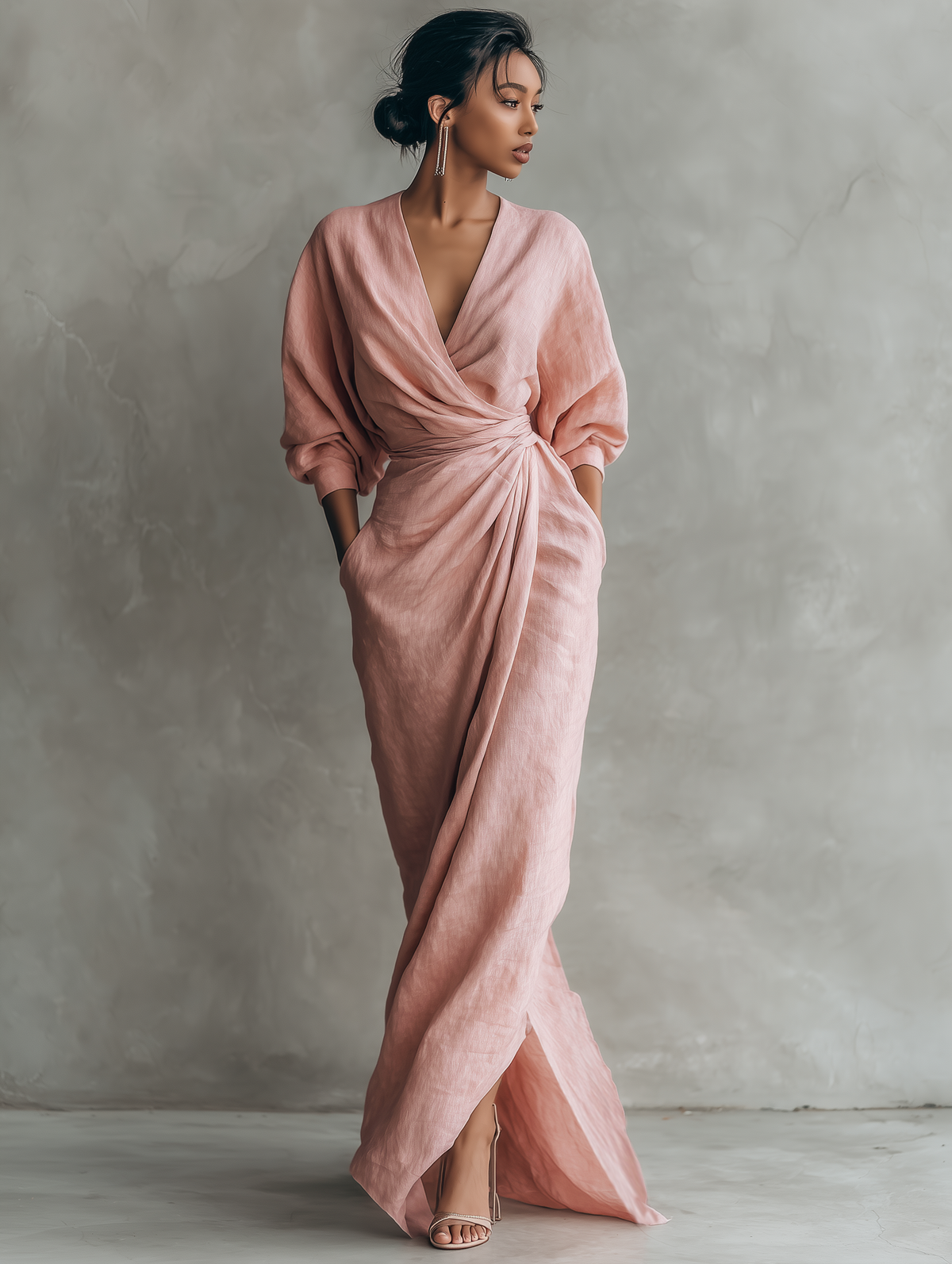 Rosalinde | Vestido Maxi de Lino Rosa, Cuello en V