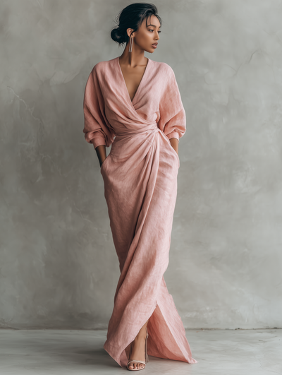 Rosalinde | Vestido Maxi de Lino Rosa, Cuello en V
