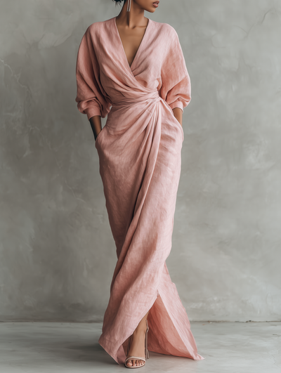 Rosalinde | Vestido Maxi de Lino Rosa, Cuello en V