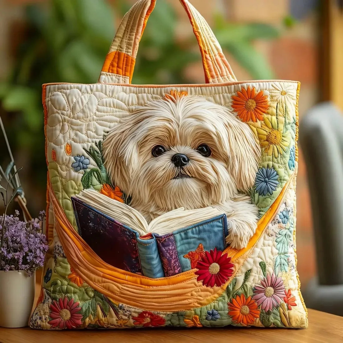Bolso Artesanal Shih Tzu, libros y flores – Idea de Regalo