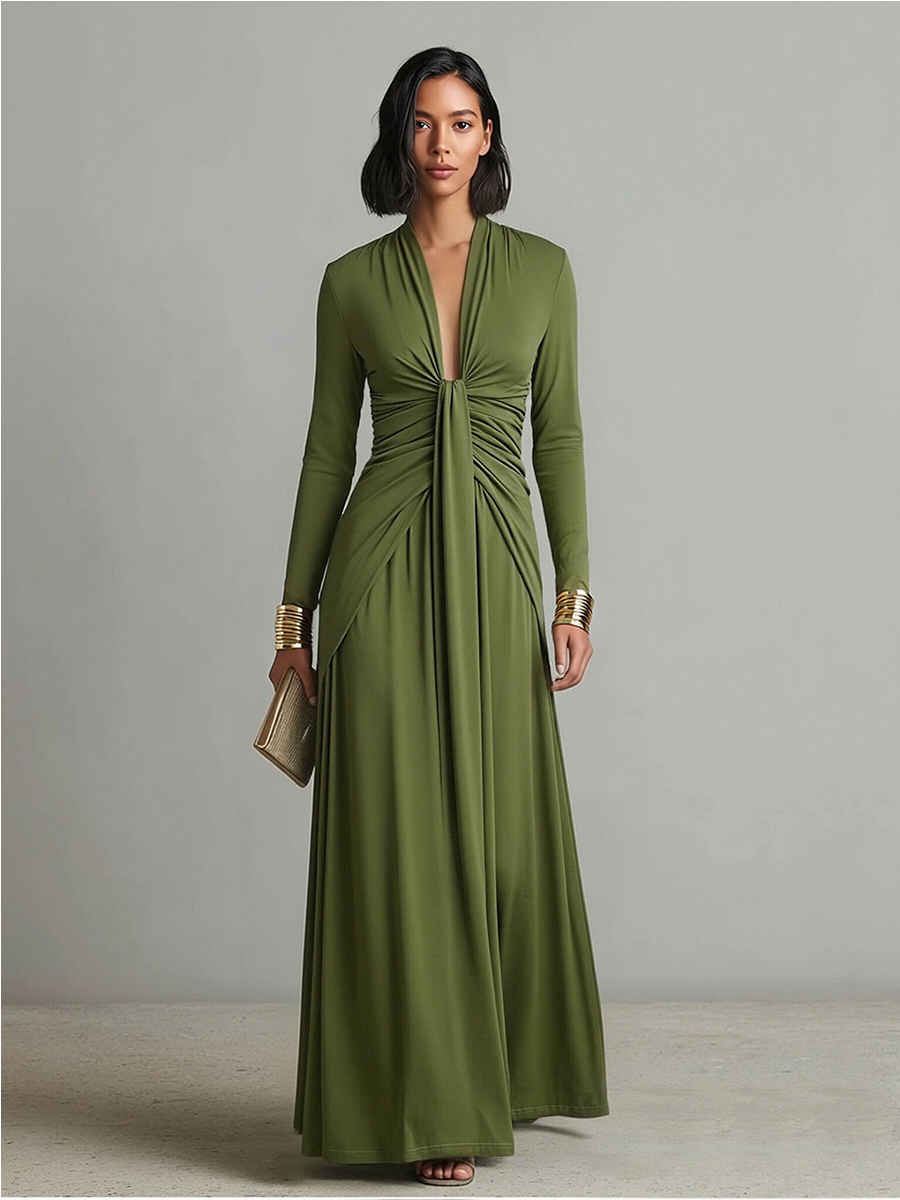 Solène | Vestido Maxi de Seda Verde Oliva, Escote en V Profundo
