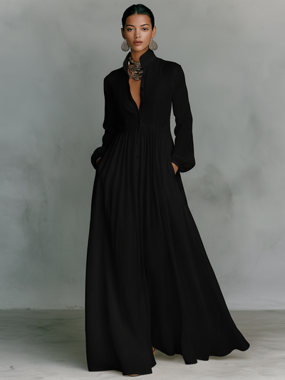 Zoé | Vestido Maxi Patchwork de Algodón y Lino, Cuello Alto