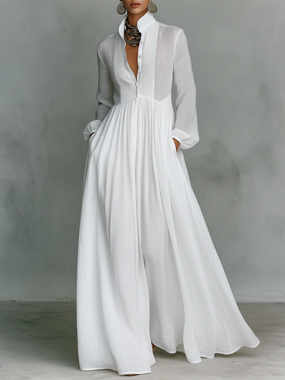 Zoé | Vestido Maxi Patchwork de Algodón y Lino, Cuello Alto