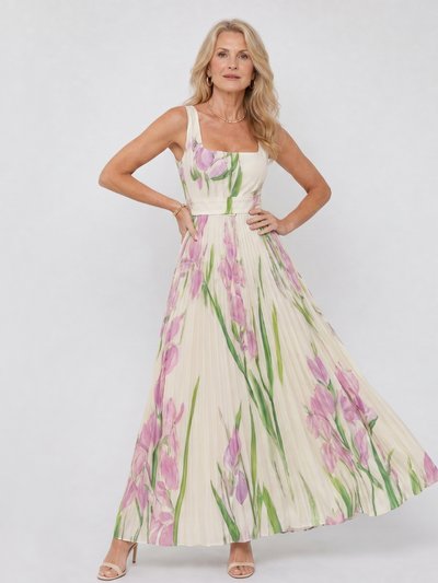 Vestido Midi Sin Mangas en Satén con Escote Cuadrado y Pliegues Elegantes