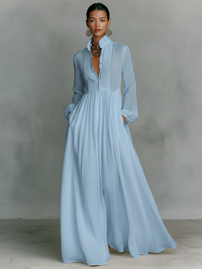 Zoé | Vestido Maxi Patchwork de Algodón y Lino, Cuello Alto