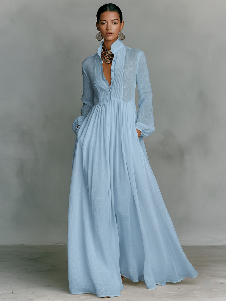 Zoé | Vestido Maxi Patchwork de Algodón y Lino, Cuello Alto