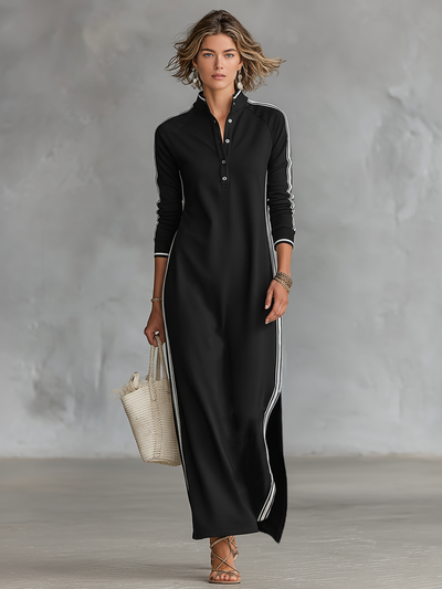 Laure | Vestido Maxi de Felpa, Cuello con Botones y Bajo Blanco