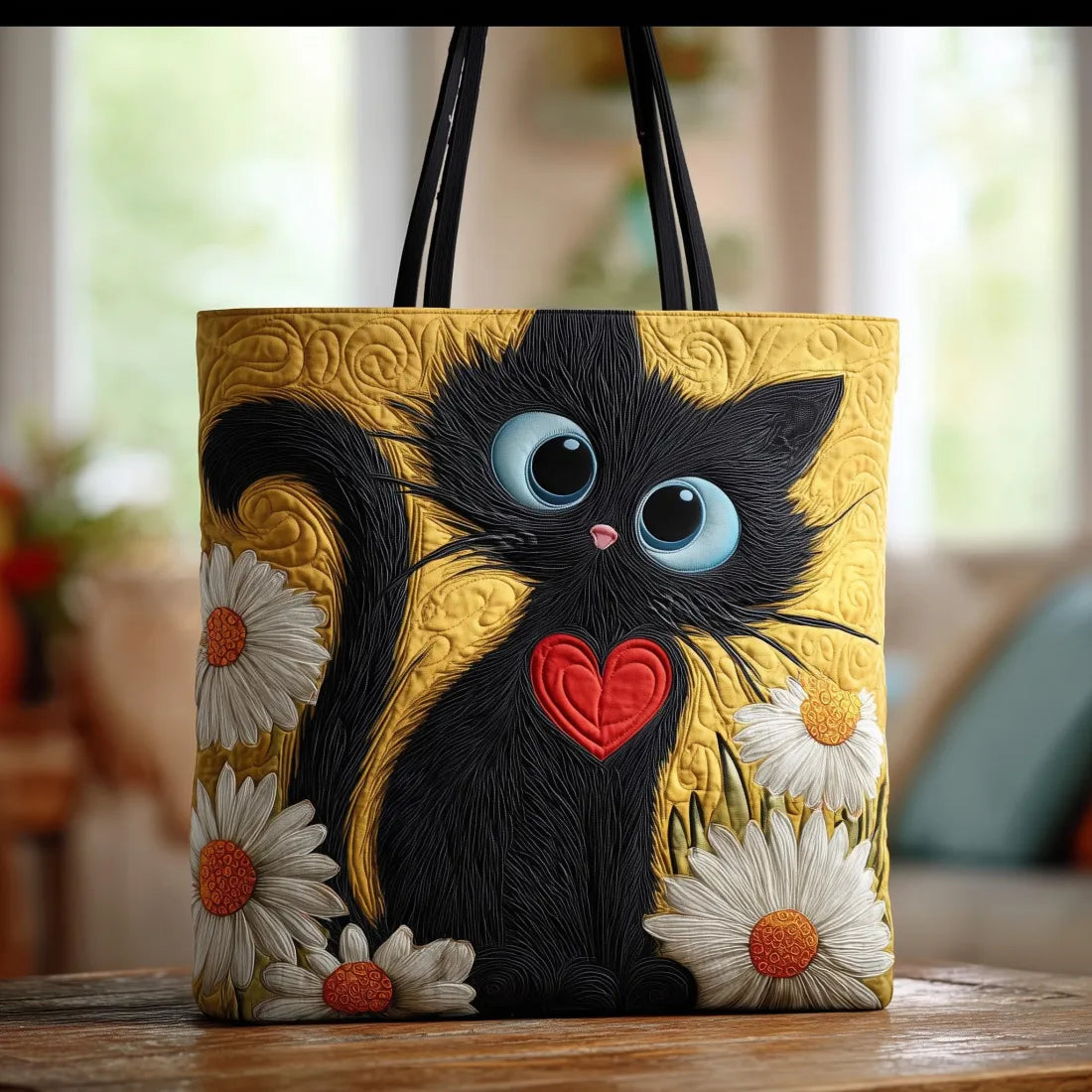 Bolso Artesanal gato negro y margaritas – Idea de Regalo