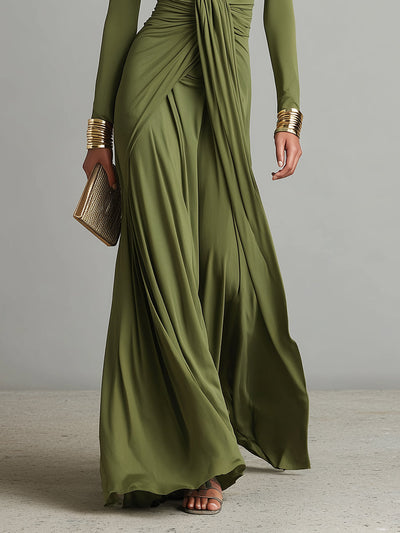Solène | Vestido Maxi de Seda Verde Oliva, Escote en V Profundo