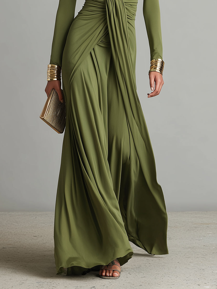 Solène | Vestido Maxi de Seda Verde Oliva, Escote en V Profundo