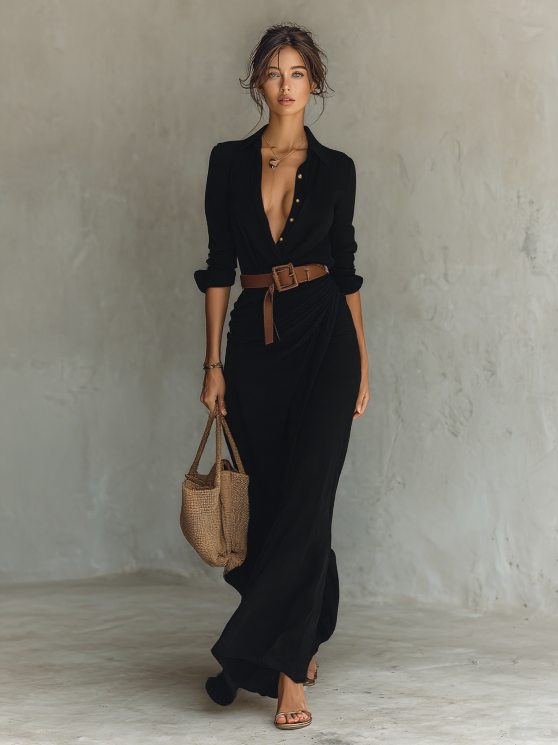 Valentine | Vestido Maxi Cuello Solapa, Manga Larga