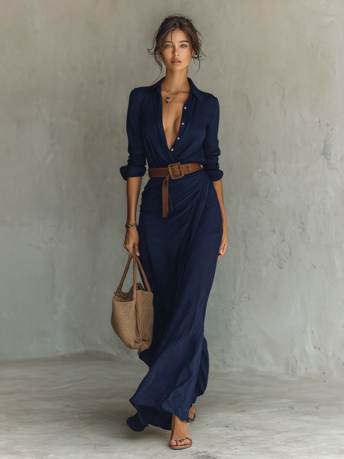 Valentine | Vestido Maxi Cuello Solapa, Manga Larga