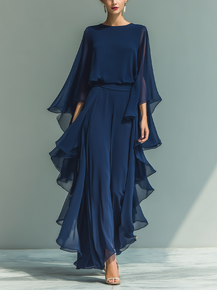 Clarisse | Conjunto de Gasa Azul Marino, Manga Acampanada y Pantalón con Volantes