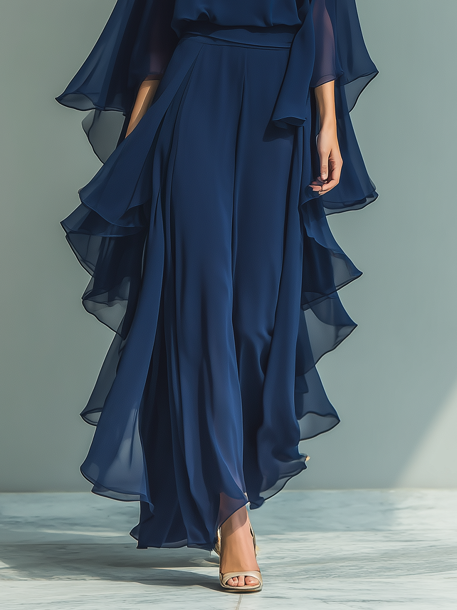 Clarisse | Conjunto de Gasa Azul Marino, Manga Acampanada y Pantalón con Volantes