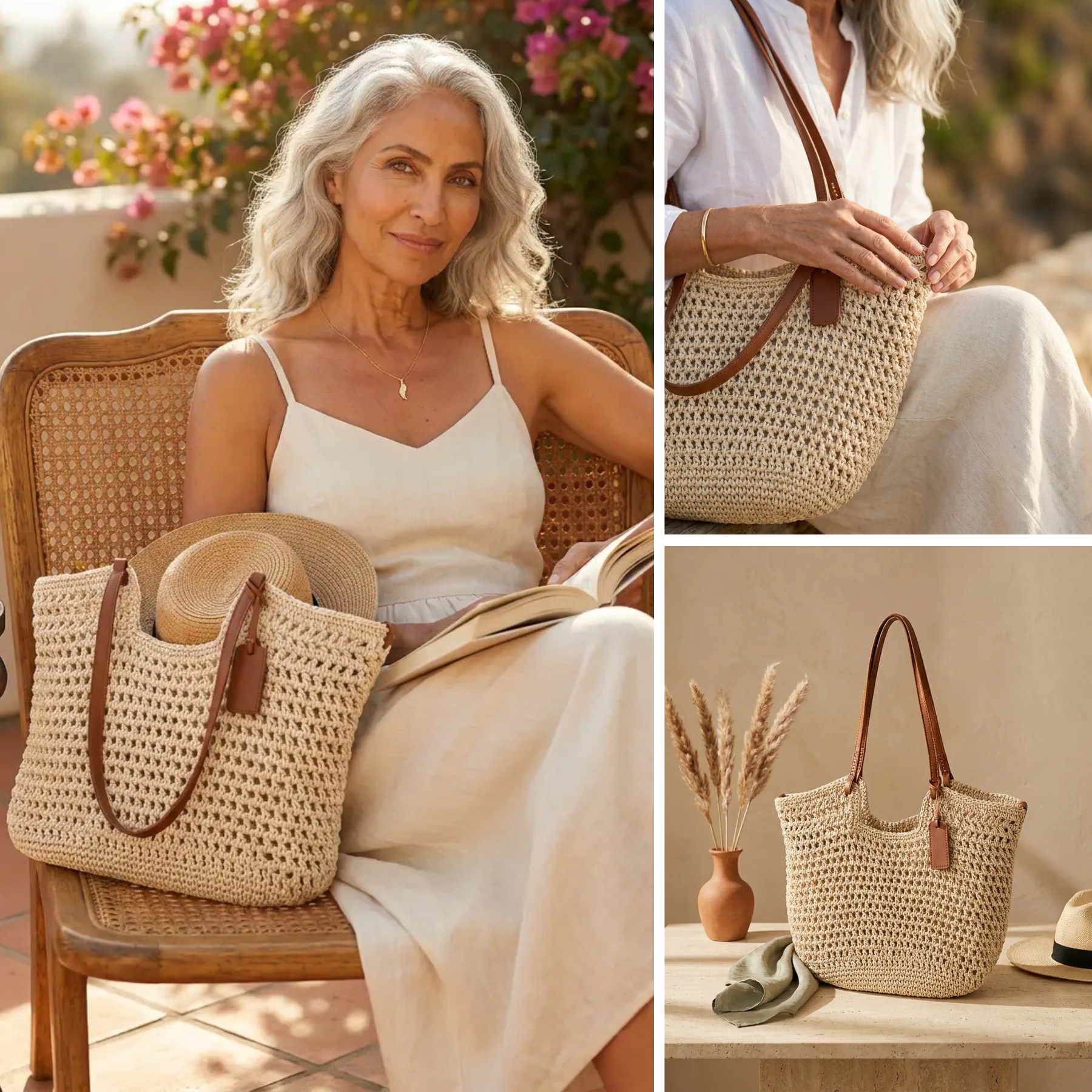 Alina | Bolso Shopper Trenzado a Mano a Crochet - Beige Claro