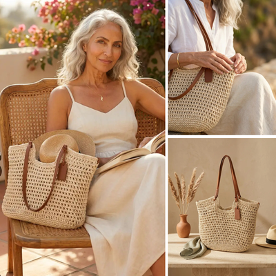 Alina | Bolso Shopper Trenzado a Mano a Crochet - Beige Claro