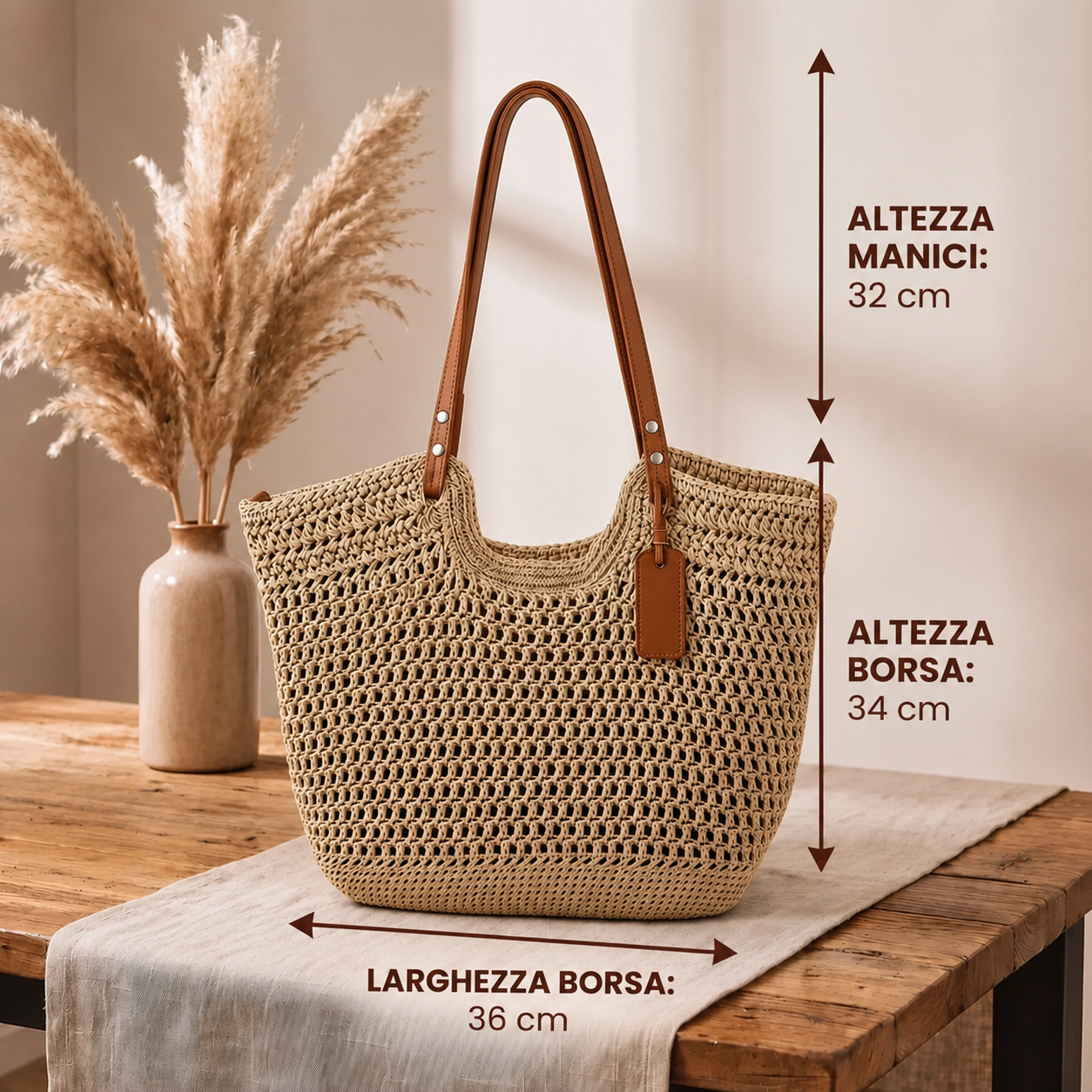 Alina | Bolso Shopper Trenzado a Mano a Crochet - Beige Claro