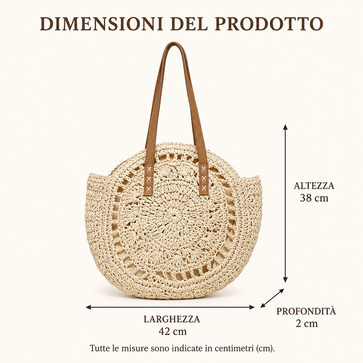 Lola | Bolso Redondo de Paja Trenzada con Motivo — Coñac