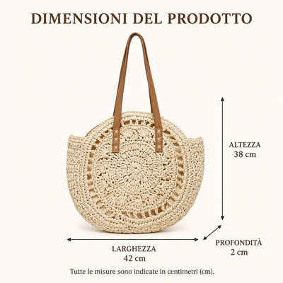 Lola | Bolso Redondo de Paja Trenzada con Motivo — Coñac