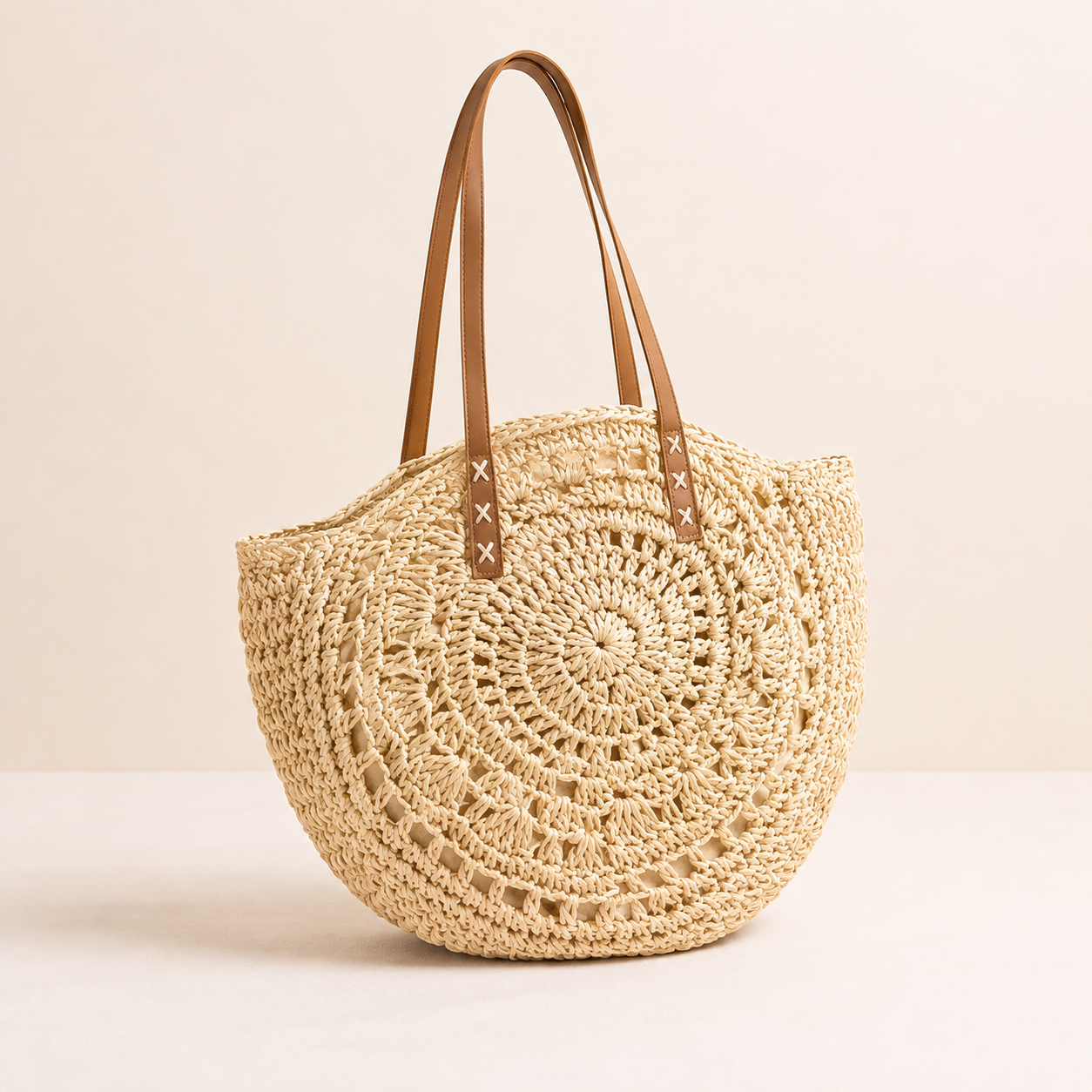 Luigia | Bolso Redondo de Paja Trenzada con Motivo — Beige Natural