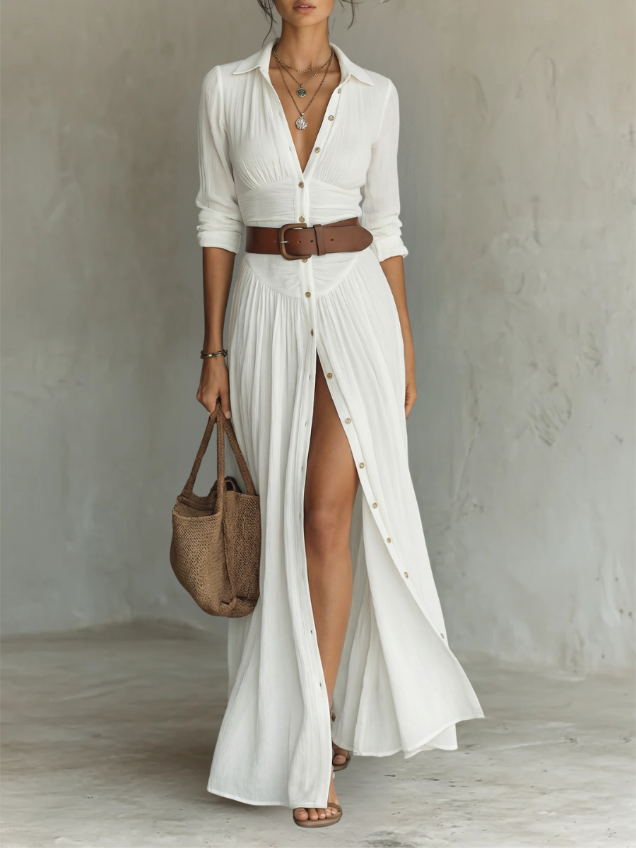 Ivette | Vestido Maxi de Lino Blanco Plisado