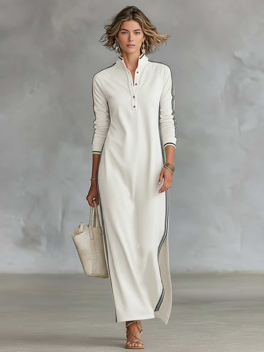 Laure | Vestido Maxi de Felpa, Cuello con Botones y Bajo Blanco