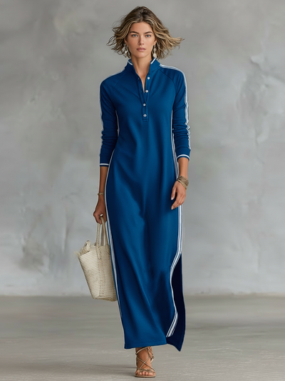 Laure | Vestido Maxi de Felpa, Cuello con Botones y Bajo Blanco