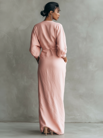 Rosalinde | Vestido Maxi de Lino Rosa, Cuello en V