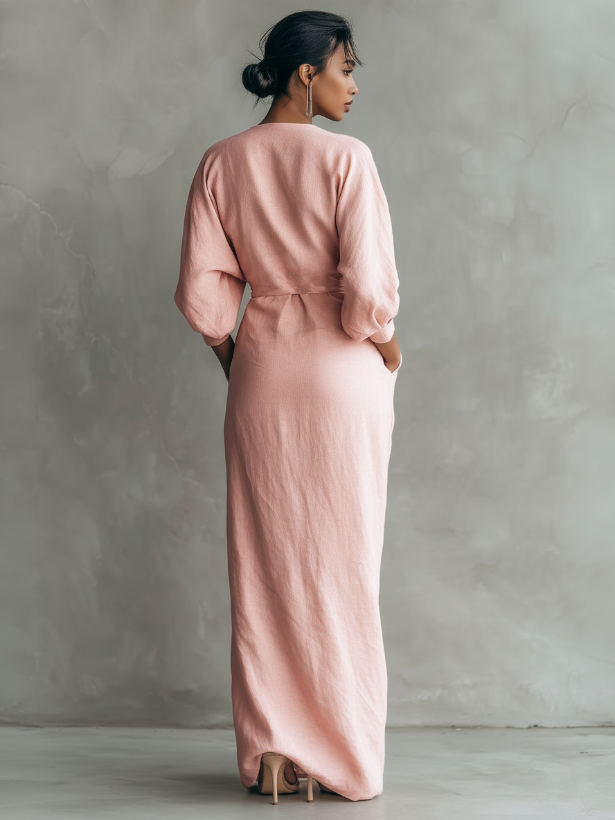 Rosalinde | Vestido Maxi de Lino Rosa, Cuello en V