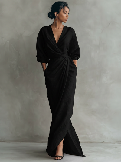 Rosalinde | Vestido Maxi de Lino Rosa, Cuello en V