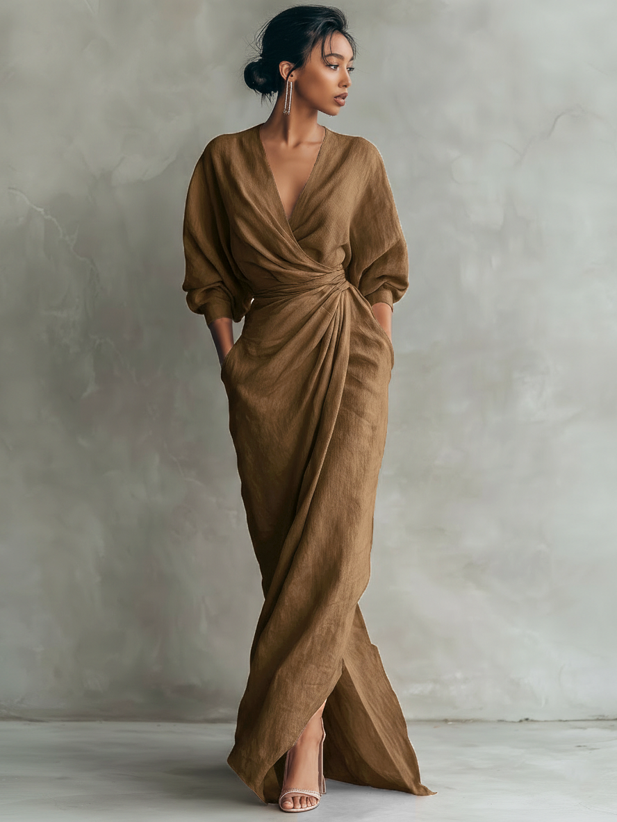 Rosalinde | Vestido Maxi de Lino Rosa, Cuello en V