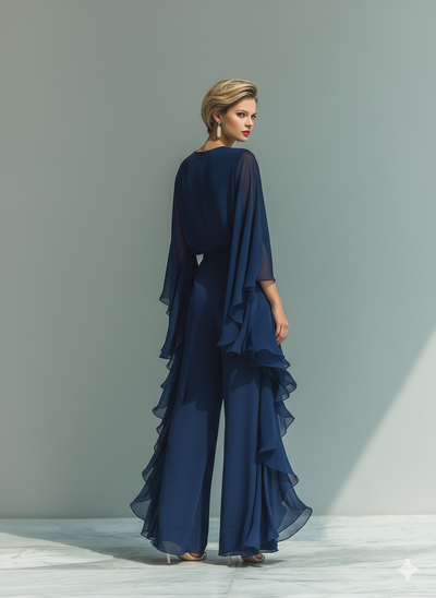 Clarisse | Conjunto de Gasa Azul Marino, Manga Acampanada y Pantalón con Volantes