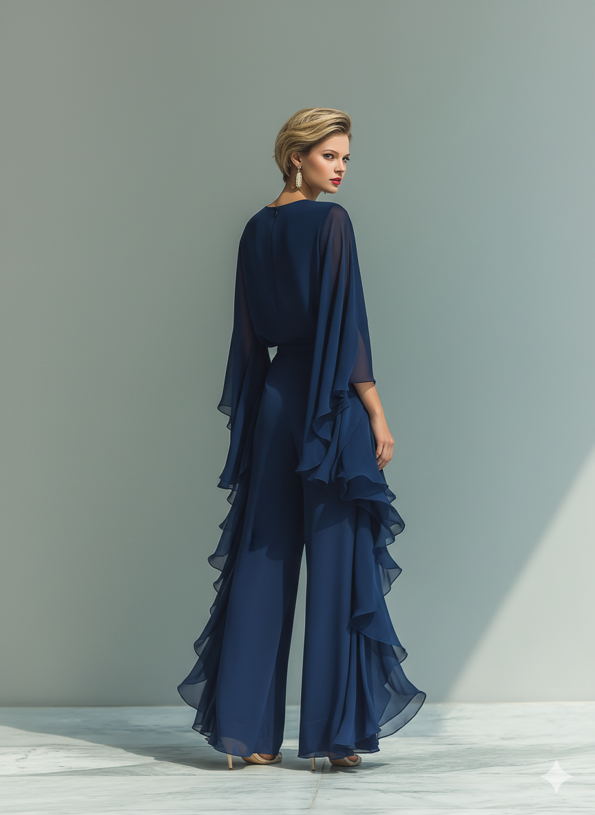 Clarisse | Conjunto de Gasa Azul Marino, Manga Acampanada y Pantalón con Volantes