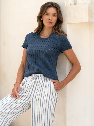 Pantalón Jolie Mezcla de Lino Azul Costero